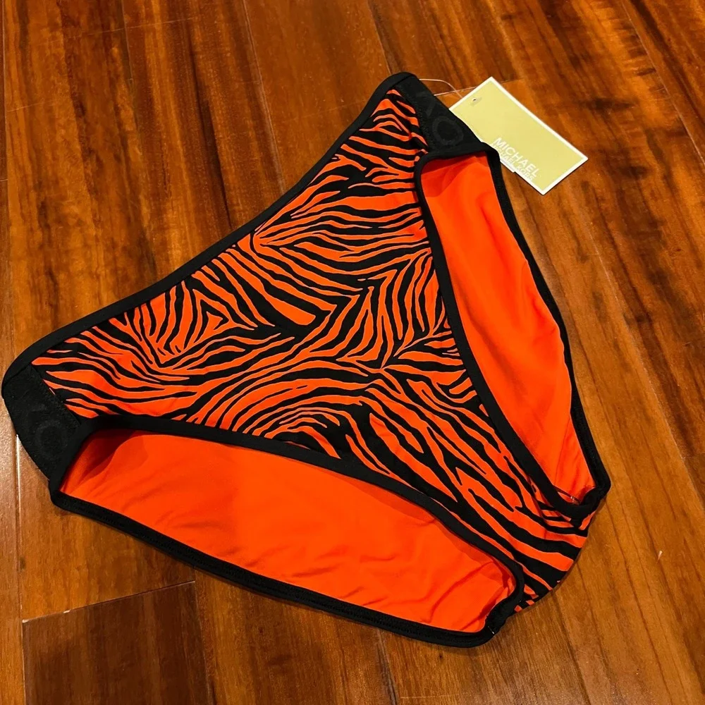 Michael Kors Bikini Swim‎ Bottom Black Zebra Animal Print Ruby Orange Red New XS